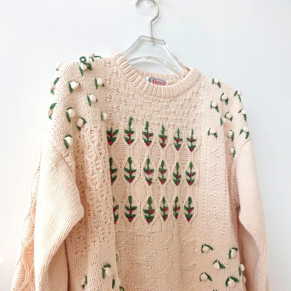 VINTAGE Orvis Sweater Medium Cream Fisherman Cable Knit Floral Grandmacore 90s - Picture 2 of 16